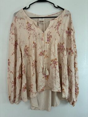 Cream Floral Peasant Blouse with Tassel Tie